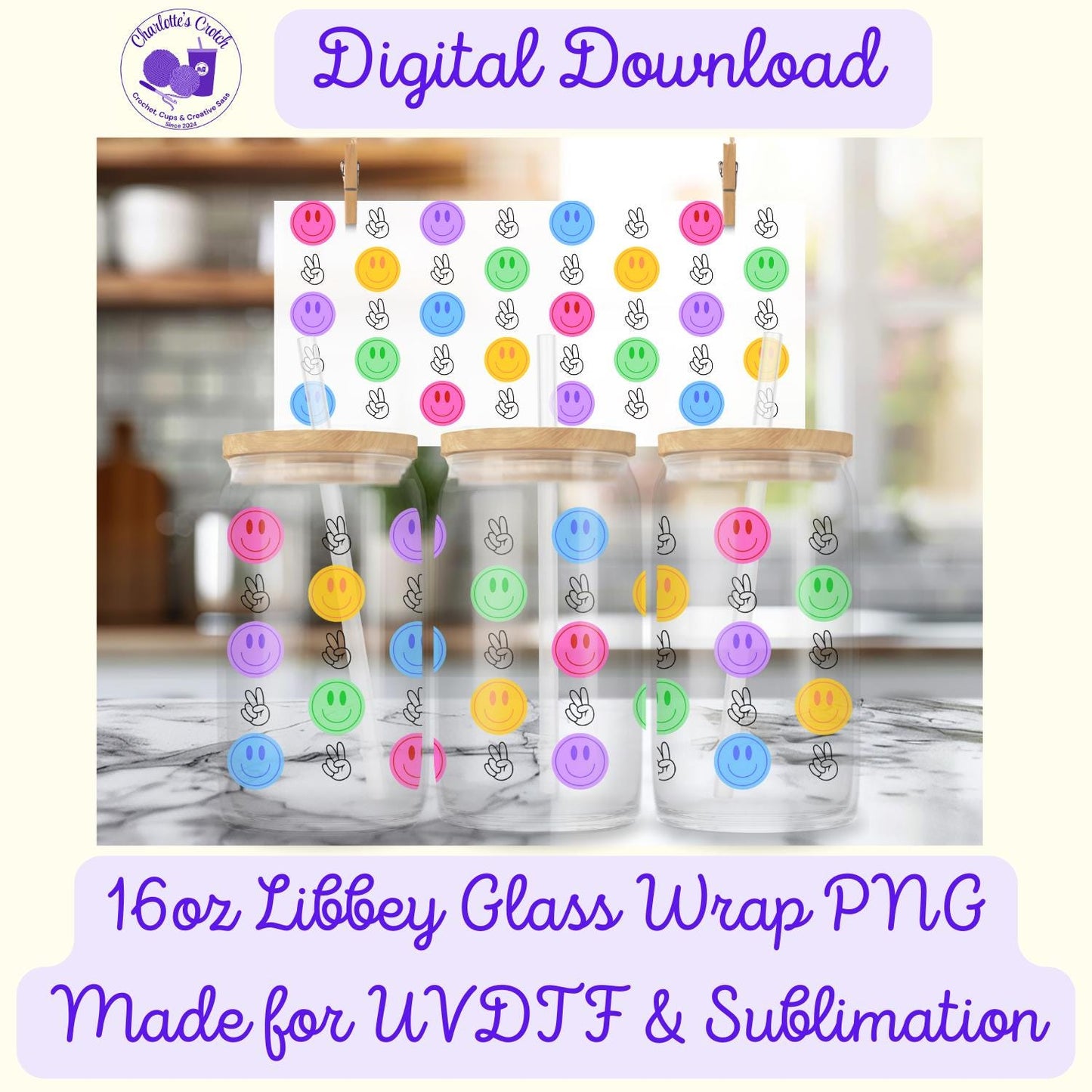 Smiley Faces - 16oz Libbey Glass Wrap PNG, Digital File for UVDTF or Sublimation