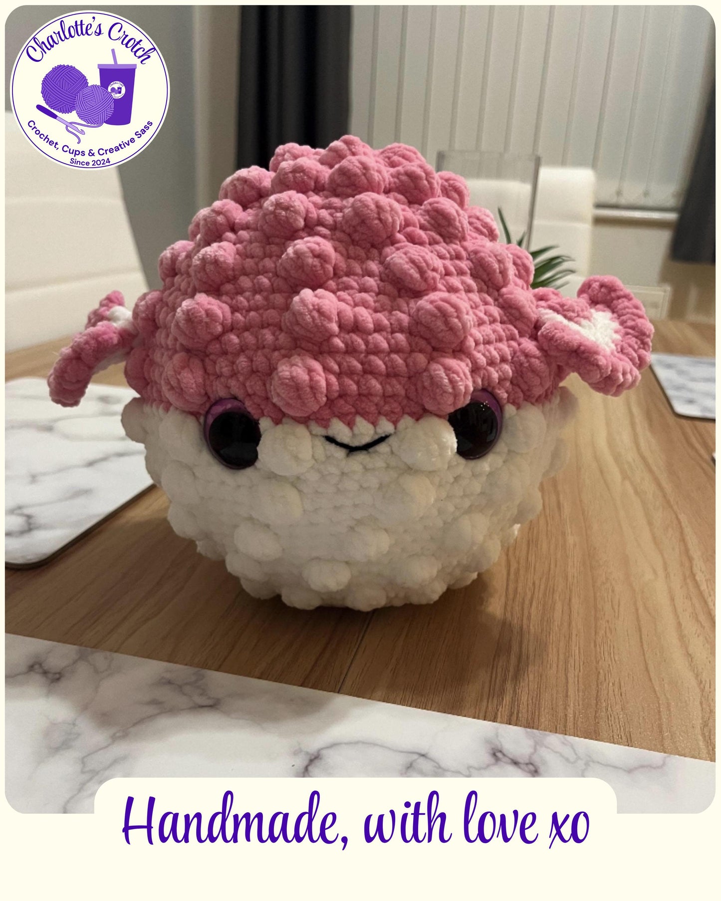 Handmade Pink & White Crochet Puffer Fish