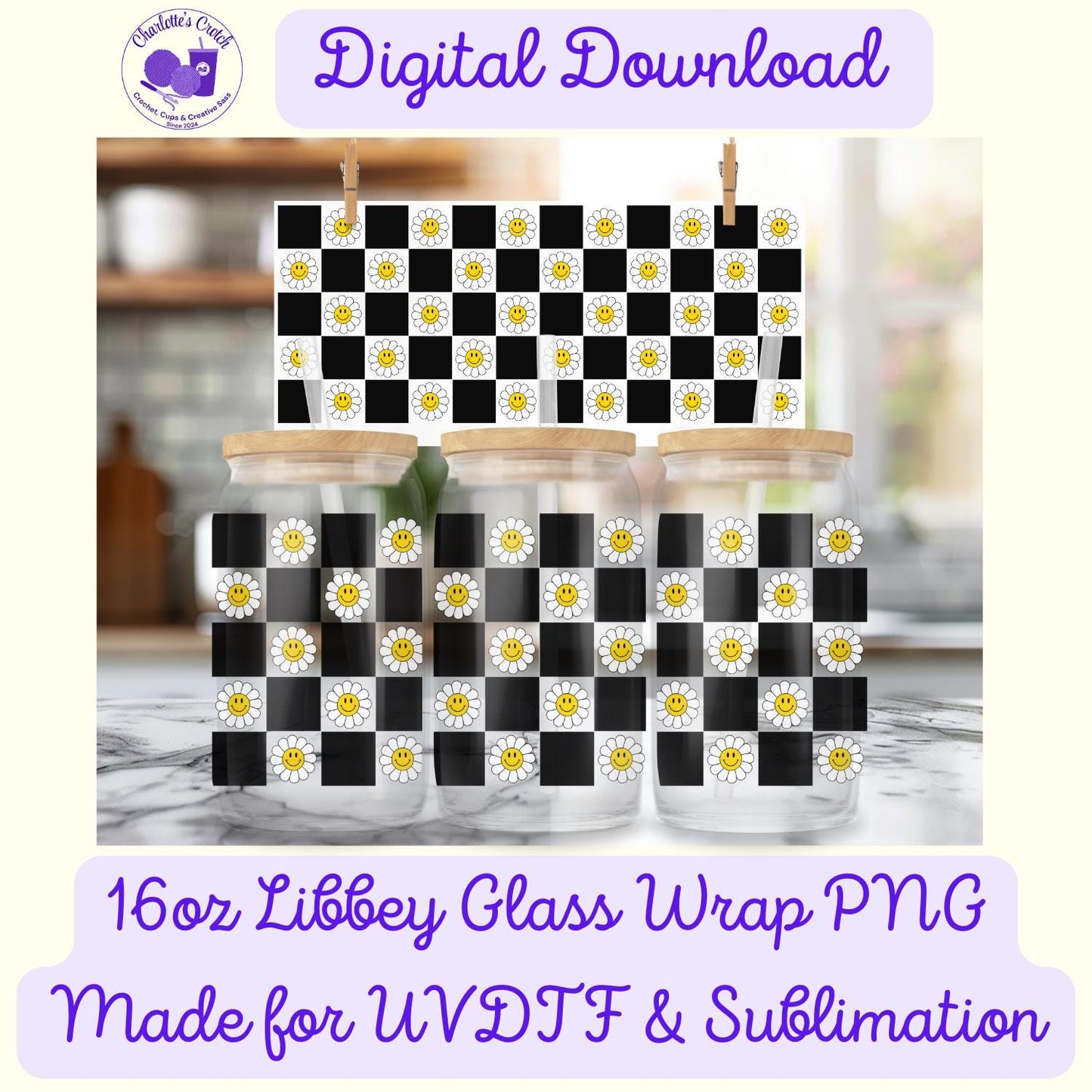 Checkerboard Smiley Face, Black - 16oz Libbey Glass Wrap PNG, Digital File for UVDTF or Sublimation