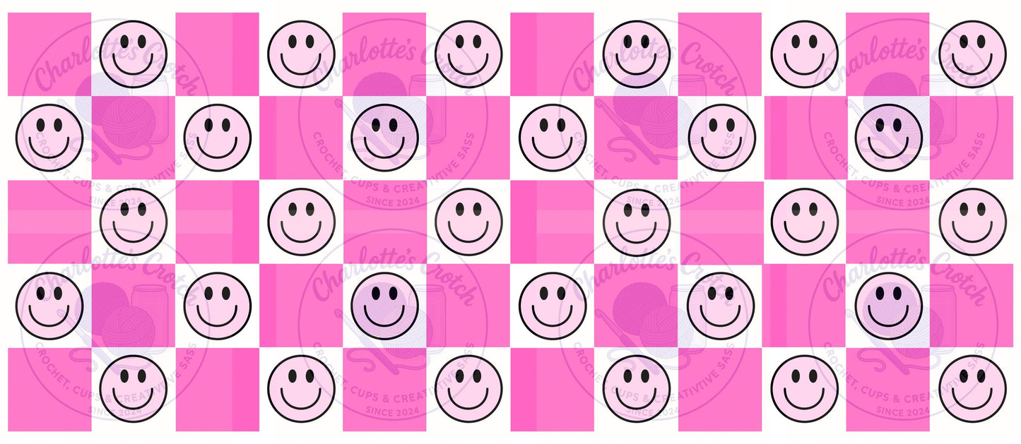 Checkerboard Smiley Face, Pink - 16oz Libbey Glass Wrap PNG, Digital File for UVDTF or Sublimation