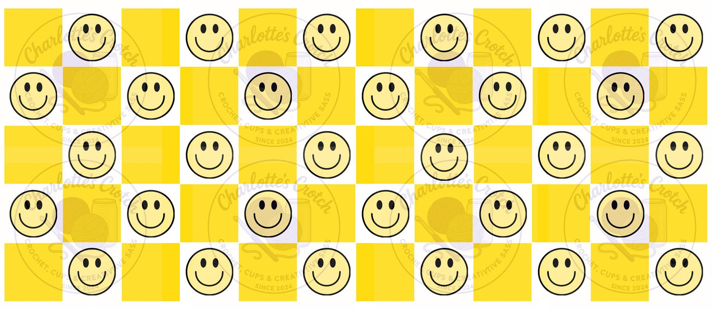 Checkerboard Smiley Face, Yellow - 16oz Libbey Glass Wrap PNG, Digital File for UVDTF or Sublimation