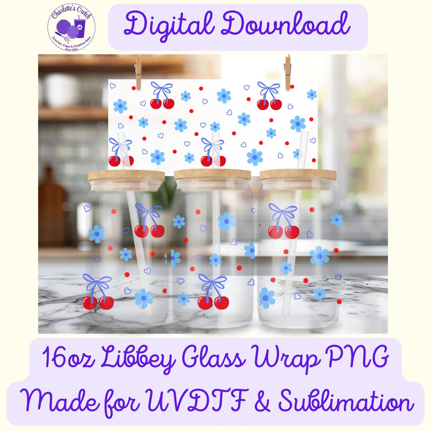 Cherry Bows, Blue - 16oz Libbey Glass Wrap PNG, Digital File for UVDTF or Sublimation