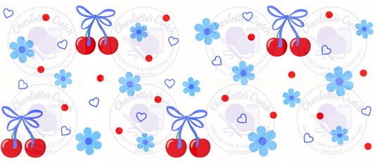 Cherry Bows, Blue - 16oz Libbey Glass Wrap PNG, Digital File for UVDTF or Sublimation