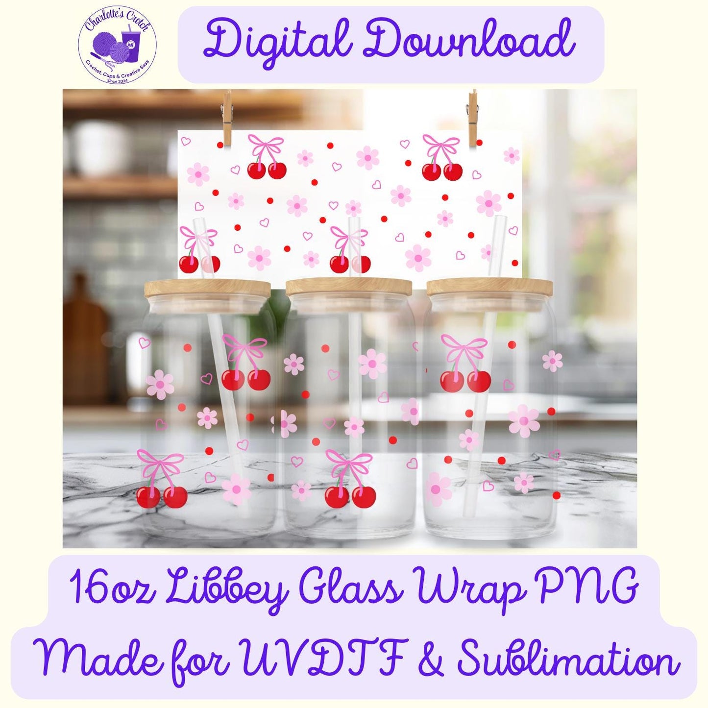 Cherry Bows, Pink - 16oz Libbey Glass Wrap PNG, Digital File for UVDTF or Sublimation