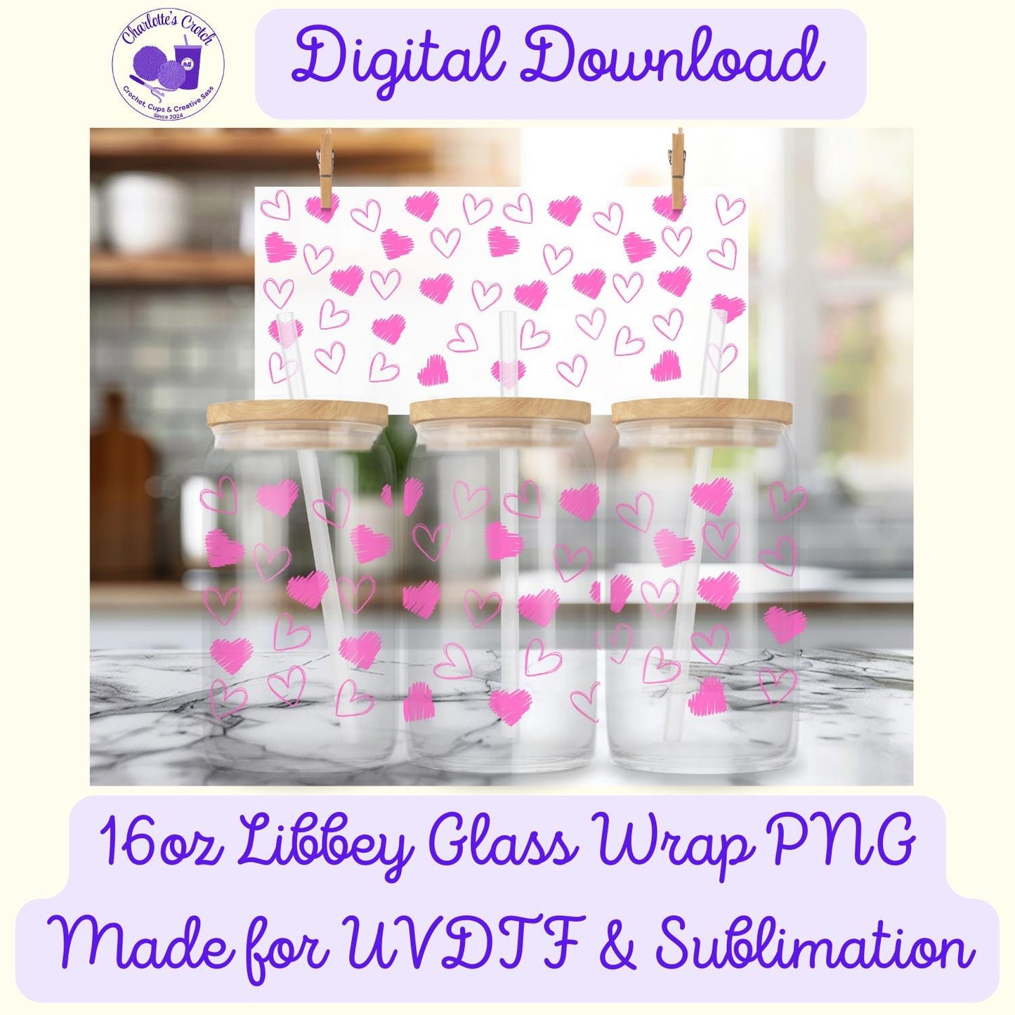Love Hearts, Pink - 16oz Libbey Glass Wrap PNG, Digital File for UVDTF or Sublimation