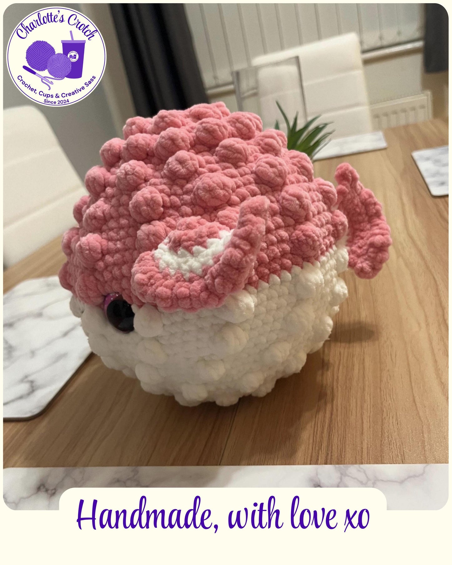 Handmade Pink & White Crochet Puffer Fish