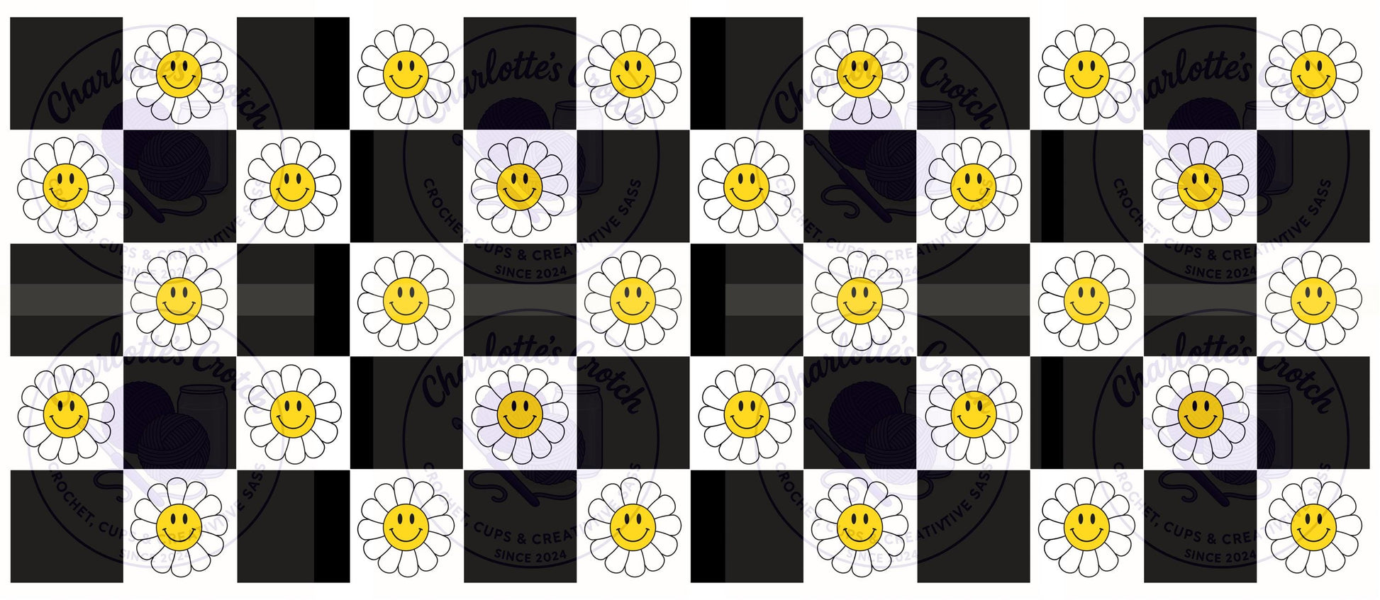 Checkerboard Smiley Face, Black - 16oz Libbey Glass Wrap PNG, Digital File for UVDTF or Sublimation