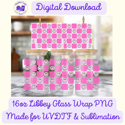 Checkerboard Smiley Face, Pink - 16oz Libbey Glass Wrap PNG, Digital File for UVDTF or Sublimation