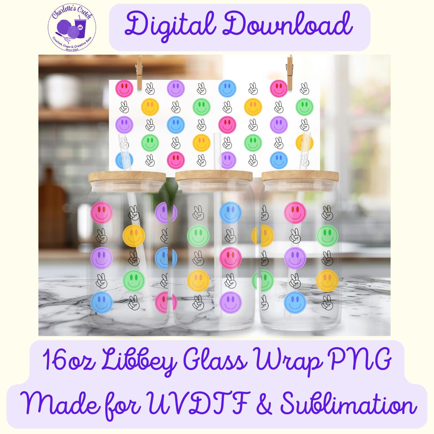 Smiley Faces - 16oz Libbey Glass Wrap PNG, Digital File for UVDTF or Sublimation