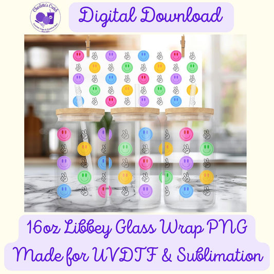 Smiley Faces - 16oz Libbey Glass Wrap PNG, Digital File for UVDTF or Sublimation