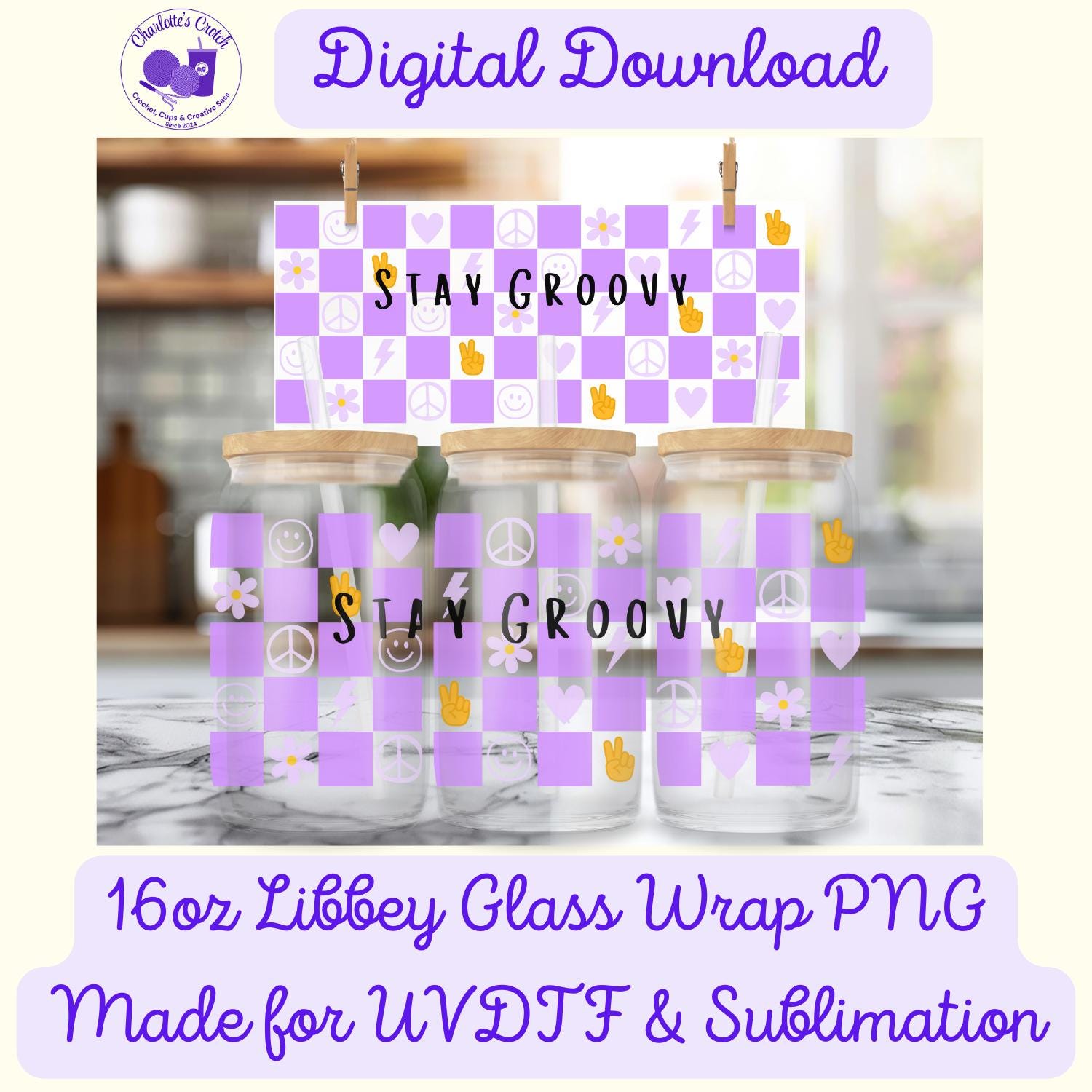 Stay Groovy Checkerboard, Purple - 16oz Libbey Glass Wrap PNG, Digital File for UVDTF or Sublimation