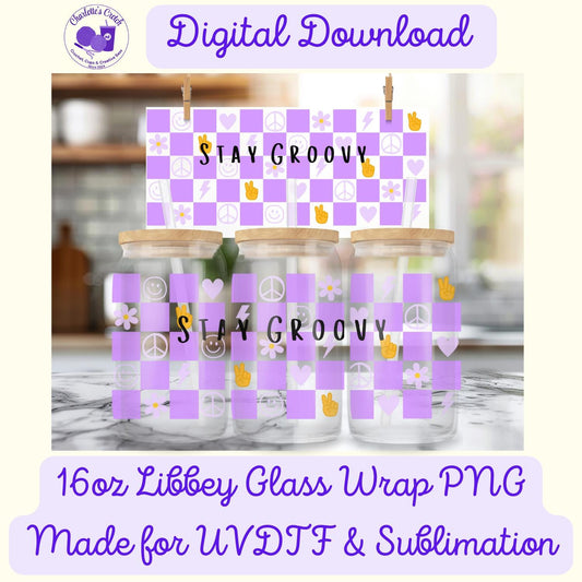 Stay Groovy Checkerboard, Purple - 16oz Libbey Glass Wrap PNG, Digital File for UVDTF or Sublimation