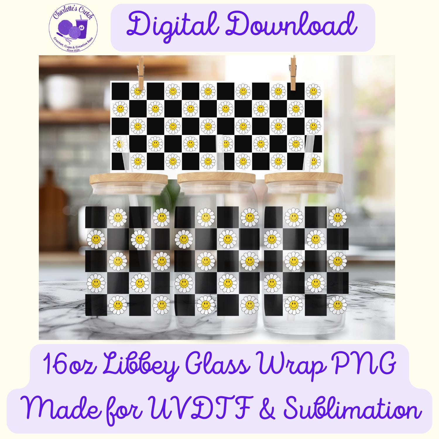 Checkerboard Smiley Face, Black - 16oz Libbey Glass Wrap PNG, Digital File for UVDTF or Sublimation