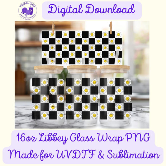 Checkerboard Smiley Face, Black - 16oz Libbey Glass Wrap PNG, Digital File for UVDTF or Sublimation