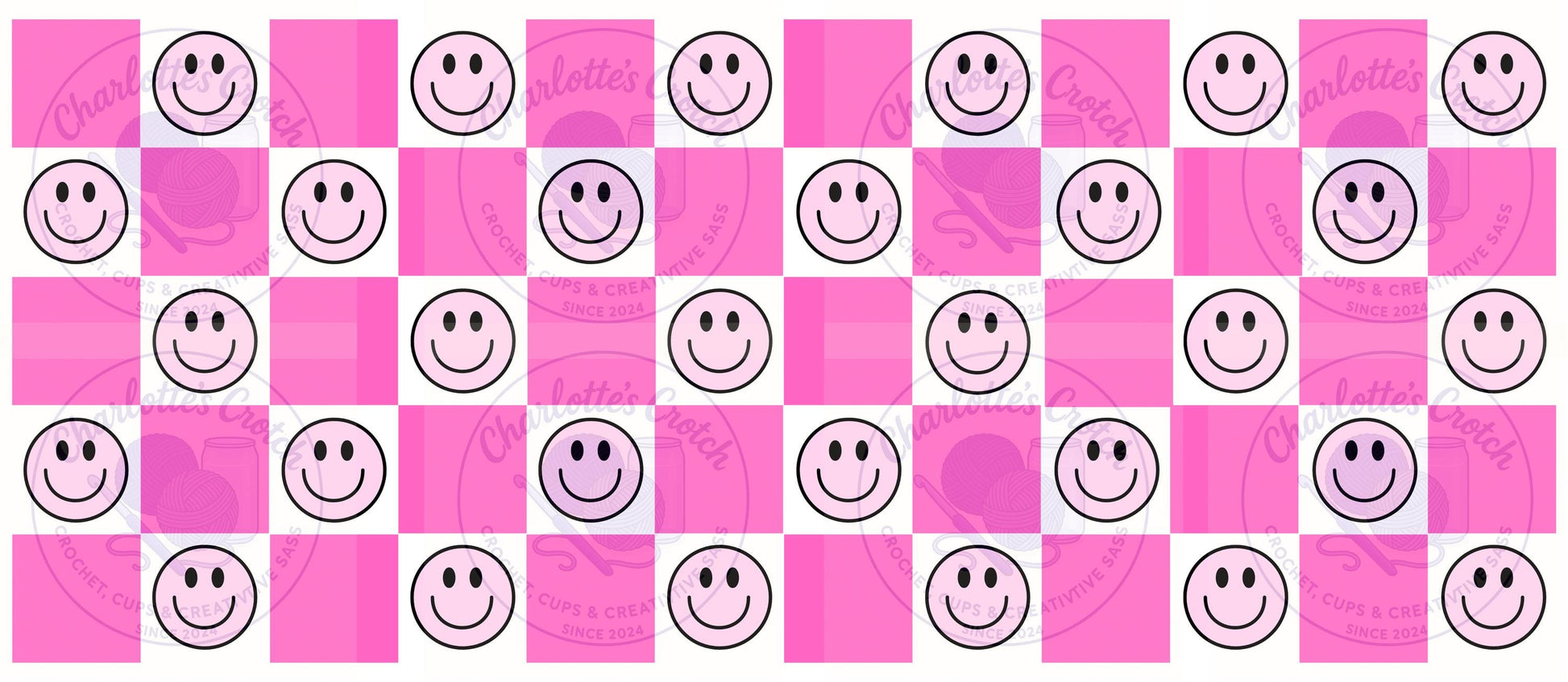 Checkerboard Smiley Face, Pink - 16oz Libbey Glass Wrap PNG, Digital File for UVDTF or Sublimation