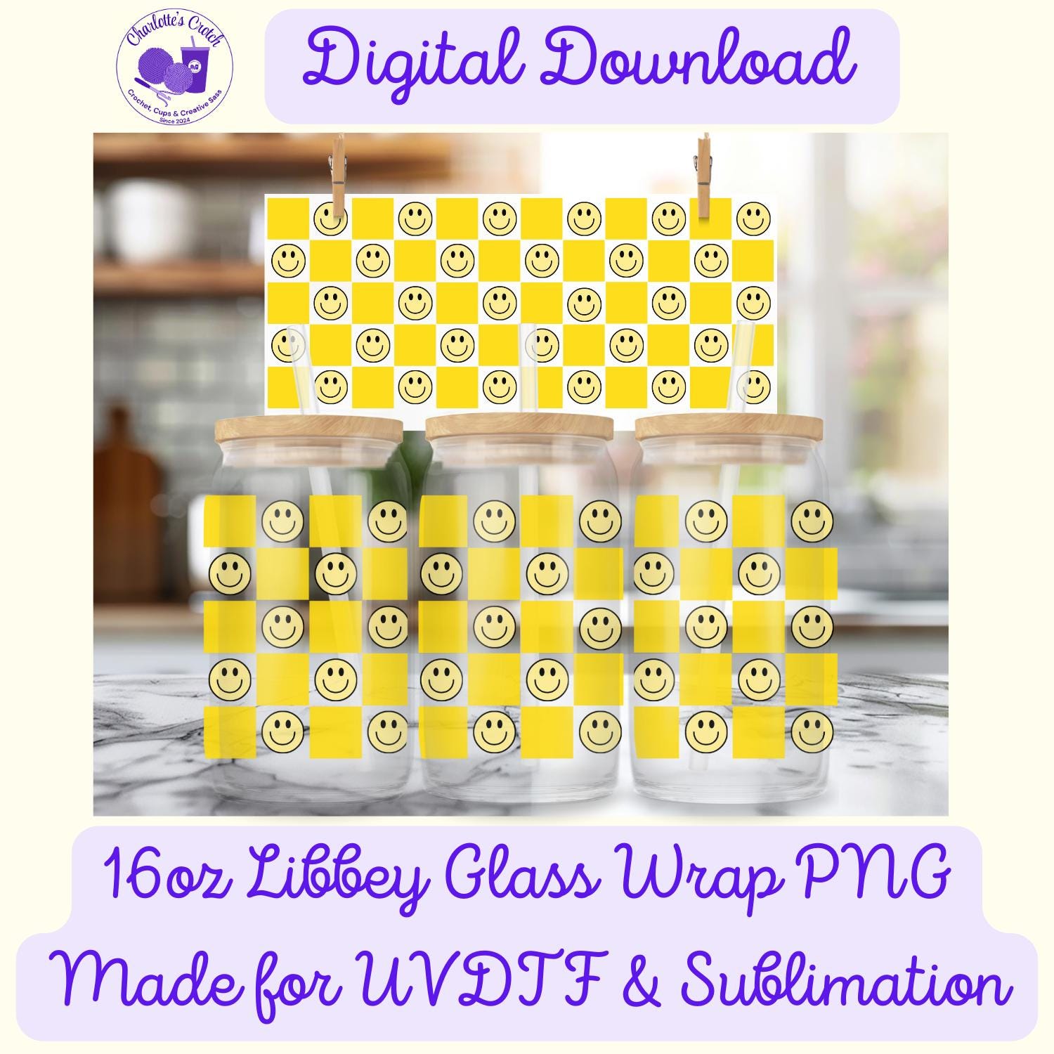 Checkerboard Smiley Face, Yellow - 16oz Libbey Glass Wrap PNG, Digital File for UVDTF or Sublimation