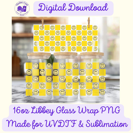 Checkerboard Smiley Face, Yellow - 16oz Libbey Glass Wrap PNG, Digital File for UVDTF or Sublimation
