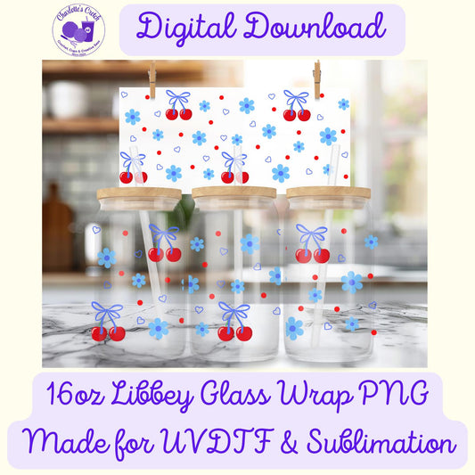 Cherry Bows, Blue - 16oz Libbey Glass Wrap PNG, Digital File for UVDTF or Sublimation