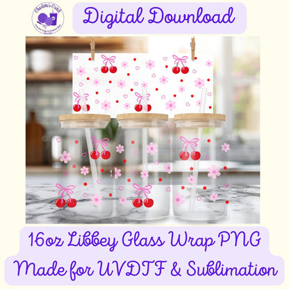 Cherry Bows, Pink - 16oz Libbey Glass Wrap PNG, Digital File for UVDTF or Sublimation