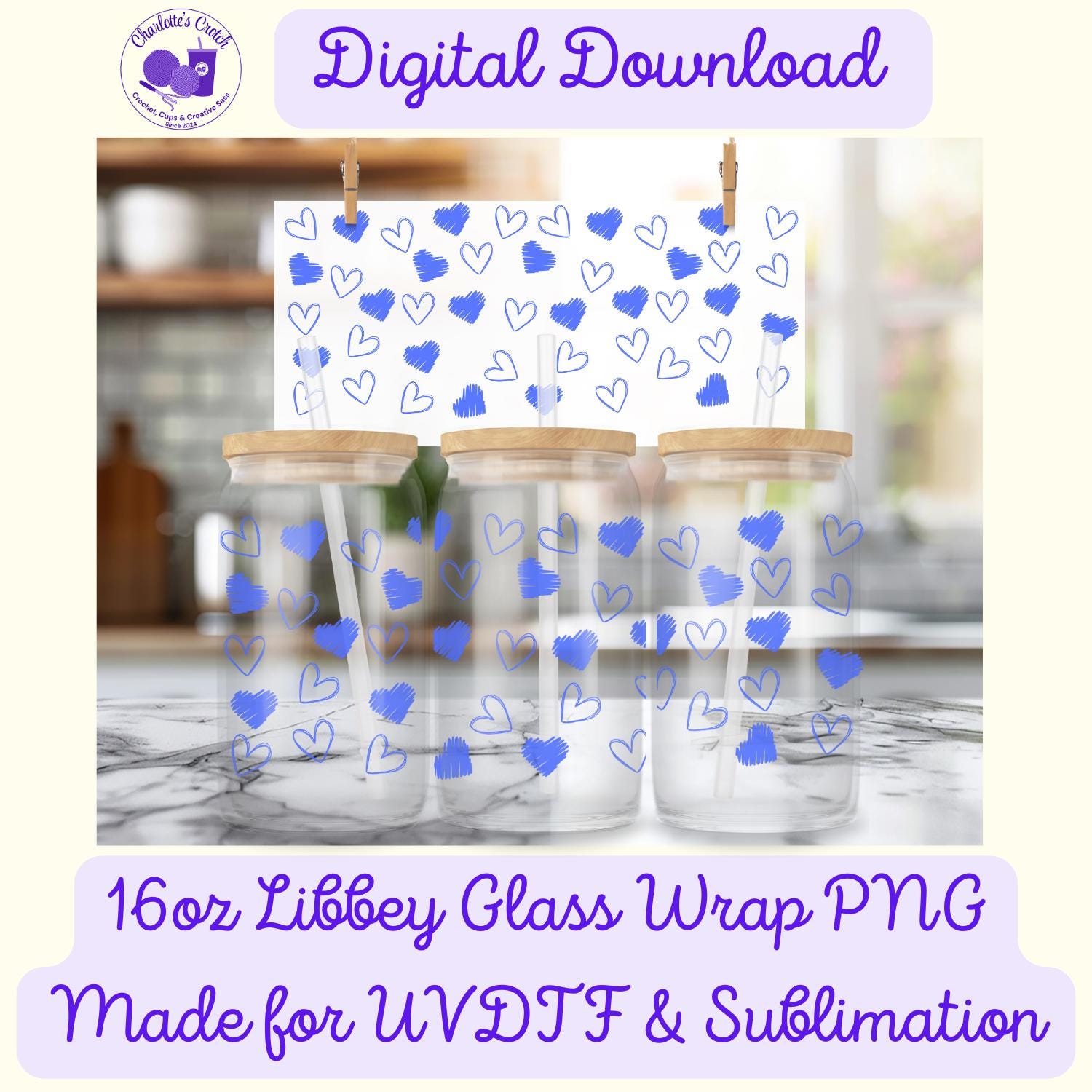 Love Hearts, Blue - 16oz Libbey Glass Wrap PNG, Digital File for UVDTF or Sublimation