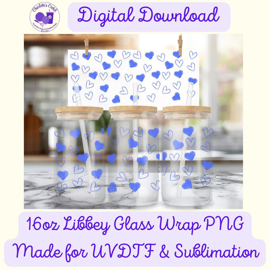 Love Hearts, Blue - 16oz Libbey Glass Wrap PNG, Digital File for UVDTF or Sublimation