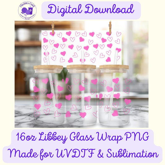 Love Hearts, Pink - 16oz Libbey Glass Wrap PNG, Digital File for UVDTF or Sublimation