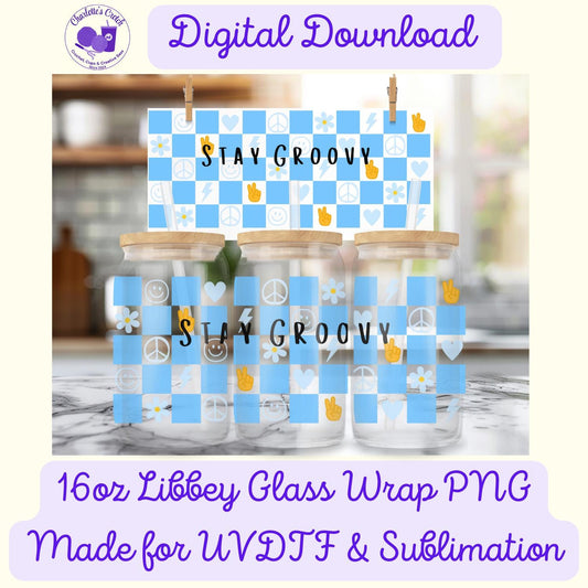 Stay Groovy Checkerboard, Blue - 16oz Libbey Glass Wrap PNG, Digital File for UVDTF or Sublimation